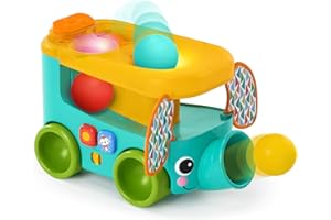 Bright Starts Pop & Roll Safari Bus zabawka do raczkowania słoni, zabawka do raczkowania dla niemowląt, unisex, wiek 6 miesięcy