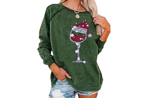 Achinel Womens Christmas Top Long Sleeve Sweatshirts Ladies Xmas Tops Sparkly Wine Glass Shirts Casual Merry Chirtsmas Blouse