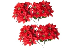 YIAJIA Poinsettia Artificial Flowers - 4 Bundles Artificial Christmas Flowers & Foliage, Artificial Poinsettia Bushes for Xmas Party Holiday Flower Arrangements Wedding Decoration