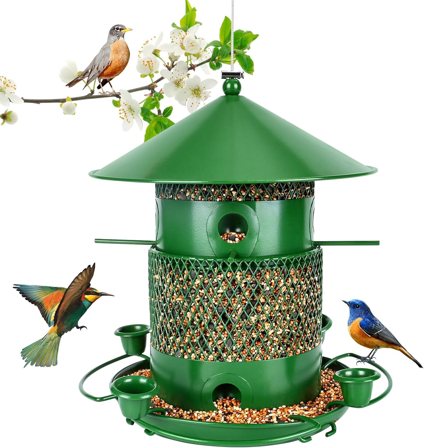 Glovios Comedero Pájaros Exterior Colgante 2.5L Resistente al Clima, Comedero Pajaros Metal con 360° Área de Alimentación, Alimentador de Acero Inoxidable para Aves Silvestres, Gorriones, Jardín