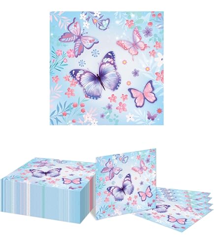 40 Tovaglioli Stampati Floreali Con Farfalle - Per Feste, Tavola, 33x33 Cm, Morbidi E Assorbenti - Foto 2