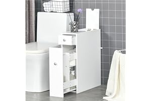 MAENGRE Bathroom Storage Unit, White Slimline Bathroom Cabinet, Narrow Wooden Storage Cupboard Toilet with Drawers, 58x17x48CM