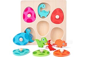 CRIVEPLE Rompecabezas de madera | Huevos de dinosaurio de madera para niños de 12 a 36 meses, niñas y niños | Rompecabezas de agarre para niños, juego de clasificación de regalos de cumpleaños (Dino y huevos)