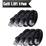 Cat6 Ethernet Cable Flat 1.5ft - 6 PACK Black (At a Cat5e Price but Higher Bandwidth) Internet Network Cable - Cat 6 Ethernet Patch Cable Short - Computer Cable With Snagless RJ45 Connectors
