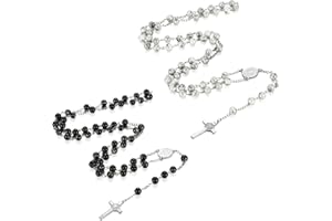 Flongo Men's Women's 2PCS Vintage Stainless Steel Glass Beads Jesus Christ Cross Rosary Pendant Necklace, 33 inch