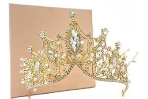 Moonight Wedding Crown for Bride Rhinestone Princess Tiara for Women Prom Queen Crown Pageant-Bridal Wedding Crown Handmade Hair Accessories Rose Gold Crown (Golden Crown Earring Necklace 3pcs)