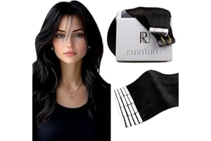 RUNATURE 16 Inch Tape Hair Extensions Real Human Hair Tape in Hair Extensions Human Hair Black Invisible Tape in Hair Extensions Human Hair 50 Gram