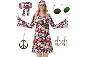 ELFIN Damska sukienka hipisowska w stylu lat 60-tych i 70., kostium hipisowski, zestaw damski, odzież retro, akcesoria odzieżowe z okularami, opaską na głowę, naszyjnikiem, kolczykami, strój