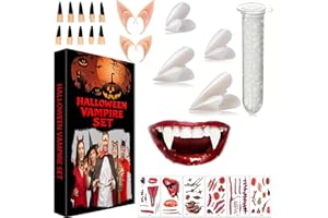 ILMFMY Vampirzähne-Set mit 4 Größen – Vampirzähne für Erwachsene und Kinder, inkl. 2 Paar Elfenohren, 6 Narben-Tattoos und 10 schwarzen Krallen – Halloween-Kostümzubehör für Halloween & Karneval