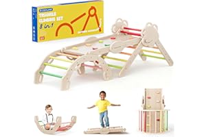 COSYLAND 8-in-1 Klettergerüst Indoor L – Großes Kletterdreieck Set mit Kletterbogen & Rutsche - Natur/Warmfarben