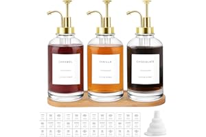 Sunal Kaffee Sirup Spender,Set of 3 Glas Sirup Spender,500ml/16,9 oz Golden Sirup Pump Flasche,Honig Spender mit 36 wasserdichten Etiketten,1 Tray und 1 Silikon Trichter für Küche Kaffee Bar