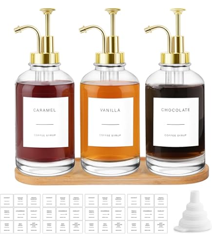 sunal Siroopdispenser, Goud Set van 4 Koffie Siroop Dispensers, 500 ml/16,9 oz Glazen Siroopfles, Sirooppomp Dispenser, Honingdispenser met 1/4 oz Grote Capaciteit Pomp en 36 Waterdichte Etiketten sunal Siroopdispenser, Goud Set van 4 Koffie Siroop Dispensers, 500 ml/16,9 oz Glazen Siroopfles, Sirooppomp Dispenser, Honingdispenser met 1/4 oz Grote Capaciteit Pomp en 36 Waterdichte Etiketten