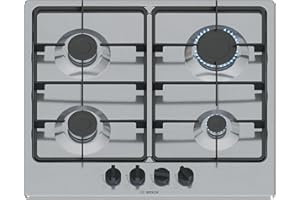 Bosch PGP6B5K60, Piano cottura a gas, Manopole a ponticello: controllo ergonomico, 4 fuochi, Acciaio, Versione Esclusiva Amazon, 60 cm, Serie 4 - NEW, Inox