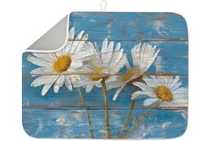 INFUNLY Daisy Flower Dish Drying Mat for Kitchen Counter 18"X24" Rustic Wood Absorbent Dish Draining Mat Retro Floral Large Heat Resistant Coffee Mats for Table Faucet Sink Coffee Bar Refrigerator