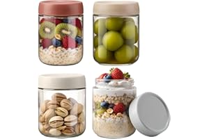 Priksia 4 Pack Glass Jars with Lid, Glass Overnight Oats Jar, Over Night Oats Containers with Lids for Cereals Milk Fruit Condiment Dressing Sauce Snacks Juice, Salad Jars for Meal Prep