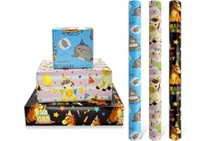 HJYODY 3 rouleaux de papier cadeau d'anniversaire 43 cm x 3 m, papier cadeau recyclable, imprimé avec cheval et phoque, convient pour la décoration de cadeaux d'anniversaire pour enfants garçons filles