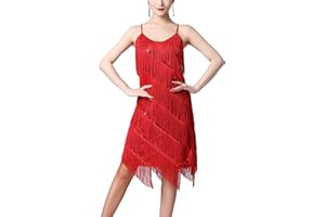 inlzdz Pailletten Fransenkleid Damen Tanzkleid Samba Tango Latein Kleider mit Quaste Spaghettiträger Fransen Kleid Sexy Sommerkleid Wickelkleid Minikleid Kostüm