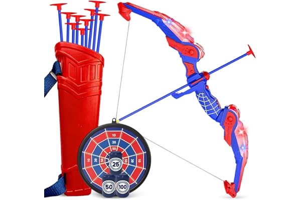 SHAREMI Arc et Fleches Enfants Jouets 4 5 6 7 8 9 Ans Garçon Filles, Jeu de Tir à l'arc avec Lumières LED, Cible Suspendue et Flèches à Ventouse, Jeux Intérieur Extérieur Cadeaux Anniversaire Noël