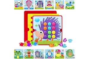 JurciCat Mosaicos Infantiles 12 Cartas y 46 Botones Juego pinchos colores niños juguete educativo Juguetes niños 2 años Regalos de cumpleaños para niños Regalos preescolares(Erizos)