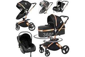 Magic ZC 360° Drehbarer PU-Leder Kinderwagen 3 in 1, Kombikinderwagen 3 in 1 Komplettset mit Umkehrbarem Zwei-Wege-Schub, Buggy mit Zubehör, Faltbarem Tragbarem One-Click-Design (906 Black)
