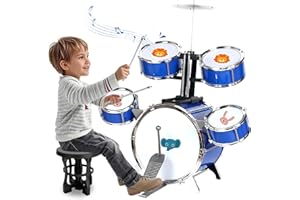 NonKob Kit de Batterie pour Enfants, Batterie Enfant Instrument 5 Tambours avec Tabouret, Instrument Musique à Batteries Jazz Drum Set éDucation PréCoce Cadeau de Jouets pour 3-7 Ans GarçOns Filles