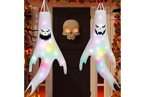 CANCJ Halloween Deko Outdoor, Geist Windsock Dekoration Garten mit Led Lichterkette,120CM Windsäcke Hängen Ghost Flags Wetterfahne für Halloween Party Horror Garten hDécor - 2 Stück