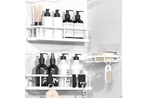 YASONIC 3 Pezzi Mensola doccia senza foratura, portaoggetti doccia con 4 ganci removibili, Organizer bagno con Portasapone doccia, Autoadesivo Mensole Bagno Organizzatore, Bianco