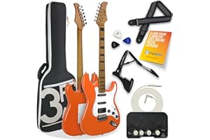 3rd Avenue Stateside Guitare électrique 4/4 Kit ultime avec amplificateur 5 W, câble, support, sac de transport rembourré, sangle, médiators, leçons gratuites - Orange canyon
