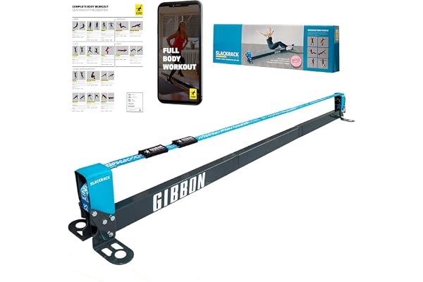 Gibbon Slacklines Fitness Edition - Slackrack Fitness - Gris/Bleu - Longueur de Montage : 2 ou 3 m - avec 2 poignées - Bande élastique et Poster d'exercice - Hauteur : 30 cm - Largeur : 5 cm