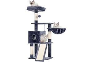 Hey-brother Árbol rascador para gatos de 108 cm, para interiores, varios pisos, con columnas para rascar, rampa, cestas, espacioso agujero para gatos y juguete con pompón colgante, gris ahumado