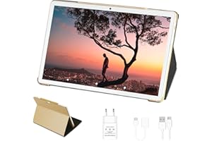 GOODTEL Tablette 10 Pouces Android 4Go RAM + 64Go ROM avec Quad Core | Batterie 8000mAh | Double Caméra 5+8MP | WiFi 5G| Bluetooth | OTG | MicroSD 4-256 Go, avec Cas - Or Clair
