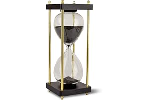 LIVONDO Elegante clessidra da 30 minuti, in vetro, decorativa, con sabbia nera brillante, impreziosita con supporti laterali dorati