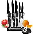 Sharpze Kitchen Knife Set with Block and Sharpner | 6 Pieces Kitchen Knives Set | Carbon Steel Chef Knife, Bread Knife, Slicing Knife, Utility & Paring Knife