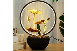 Foribyw Indoor Tabletop Fountain Water Feature with Rocks and LED Ring Lights, Iron, Style C, 28x22x13cm