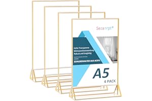 ‎SEZANRPT Sezanrpt A5 Acryl Schildhalter Goldrand 4-Pack, vertikaler klarer Zeichen-Anzeigehalter für Restaurant-Menü-Anzeige, Hochzeit Tischnummern, Werbeanhänger, Fotos-Anzeige…