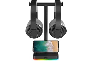 KAFRI RGB Dual Headphone Stand with USB Hub Desk Gaming Double Headset Holder Hanger Rack with 1 USB2.0 Extension Charging Port Extender Cord - Suitable for Gamer Desktop Table Game Earphone
