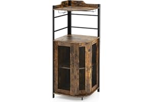 TANGZON Corner Bar Cabinet, 2 Mesh Doors Wine Cabinet with Glass Holders, Adjustable Shelf & Anti-Tipping Devices, Industrial Liquor Drinks Storage Sideboard for Home Bar Kitchen Cellar (Rustic Brown)