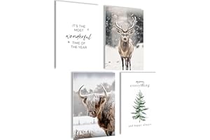 mojoliving Winter Poster Set 4er Set Wandbilder Hirsch Hochlandrind Tannenbaum Sprüche A4 Kunstdrucke Skandi Stil Weihnachten Deko Wohnzimmer Flur Café