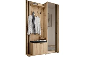 mb-moebel Guardaroba compatto con specchio, Scarpiera e Appendiabiti Attaccapanni - Set completo ingresso Set mobili da ingresso in legno laminato - 135x197x34 cm - JOHN (Artisan + Nero Con cuscino)