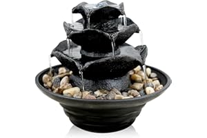 GEEZY Indoor Water Fountain - Waterfall Design Water Feature with LED Lights - Mains Powered & Self-Contained, Table Top, Relaxing & Tranquil - Perfect for Home, Living Room, Office Decor