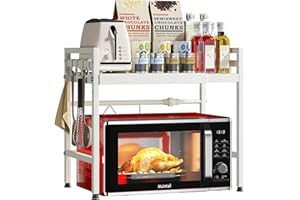 Mointal Soporte Extensible para Microondas, Repisa para Microondas 2 Niveles, Estante de Microondas Acero al Carbono, Organizador de Almacenaje de Cocina Ajustable con 8 Ganchos, Blanco