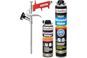 Isolbau Kit de colle isolante B2 – 1 x 750 ml de colle périmétrique, 1 x nettoyant en mousse polyuréthane et 1 x pistolet à mousse pour plaques EPS et XPS – Mousse adhésive en polyuréthane 1K pour