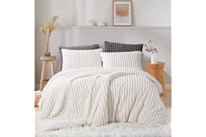 Covebett Plüsch Bettwäsche 135x200 Weiß Creme Uni Winter Warm Shaggy Cashmere Touch Flauschig Plüschbettwäsche Gestreift Felloptik Luxus Wende Bettbezug Reißverschluss und Kissenbezug 80x80 cm