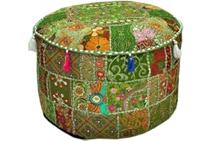 AAKRITI GALLERY Aakriti Indian Pouf Footstool with Embroidery Pouf, Indian Cotton, Pouf, Ottoman Pouf Cover with Ethnic Decor Art - Cover (Green, 56x35 cms)