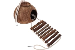 PATKAW Coconut Husk Hut, Bird Hut Nesting House Hideouts with Ladder,Durable Cave Habitat with Hanging Loop for Lizard Gecko, Reptiles, Amphibians and Small Pets