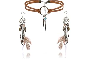 LOLIAS Atrapasueños Pendientes Bohemios Retro de Gota de Pluma con Collar de Cuero para Mujeres Marrón Largos Joyas