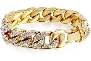 Fliyeong Premium Quality 14mm Mens Women Hip Hop Iced Out Curb Cuban Bracelet Chain Gold Pave