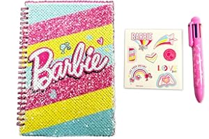 ODS - Barbie My Notebook, Quaderno con Paillettes Reversibili, Pagine con Righe, Pagine Bianche e Disegni da Colorare, Inclusa Penna Multicolor e 1 Foglio di Stickers Barbie, 15x21 cm