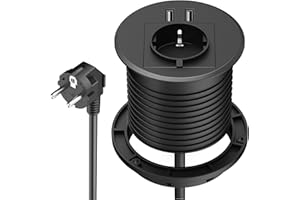 SUDEERY Enchufe empotrable con 2 USB, enchufe empotrado en la mesa con 1 enchufe y cable de 2 m, enchufe empotrable para mesa para muebles o superficies de trabajo – Ø 80 mm