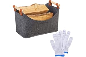 MAJOME Holzkorb für Kaminholz Kaminholzkorb mit Aufbewahrungstasche 55*32*40cm Faltbar Feuerholzkorb mit verstärktem Holzgriff Holzkorb Filztasche für Einkauf, Holz, Zeitung oder Brennholz mit Handschuhen